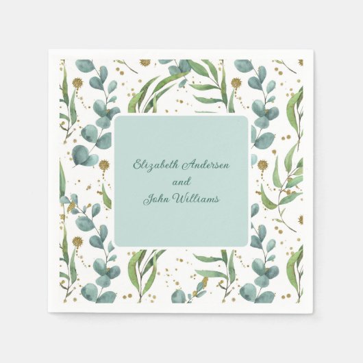 Serviette En Papier Eucalyptus Et Mariage Couple Or (Devant)