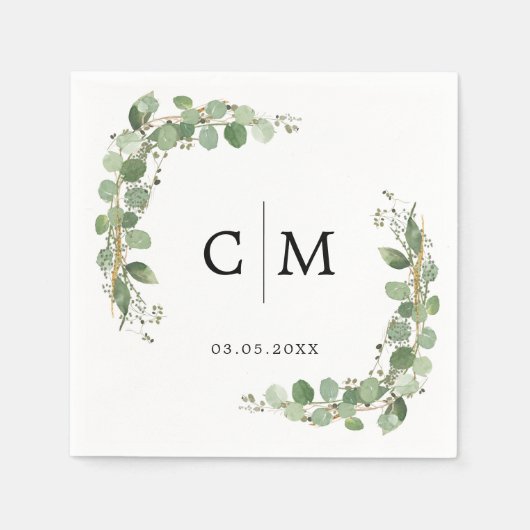 Serviette En Papier Eucalyptus Moderne Calligraphie Monogramme Mariage (Devant)