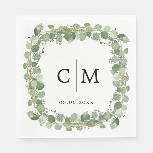 Serviette En Papier Eucalyptus Moderne Calligraphie Monogramme Mariage (Devant)