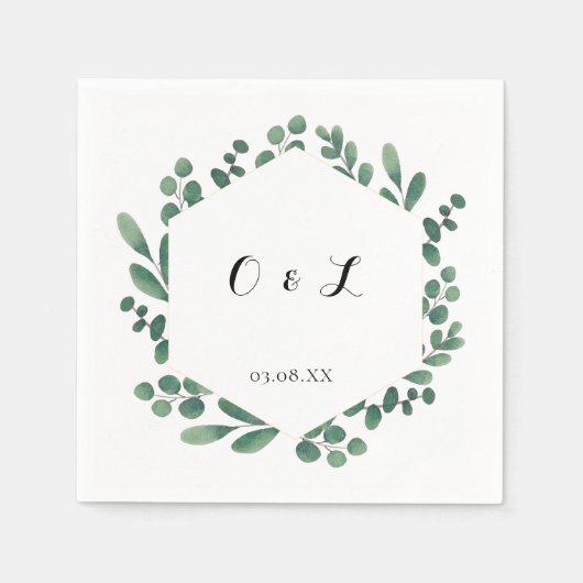 Serviette En Papier Eucalyptus Moderne Calligraphie Monogramme Mariage (Devant)