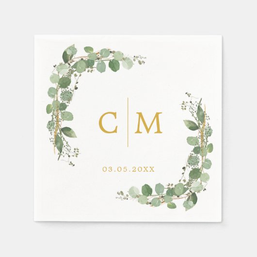 Serviette En Papier Eucalyptus Moderne Calligraphie Monogramme Mariage (Devant)