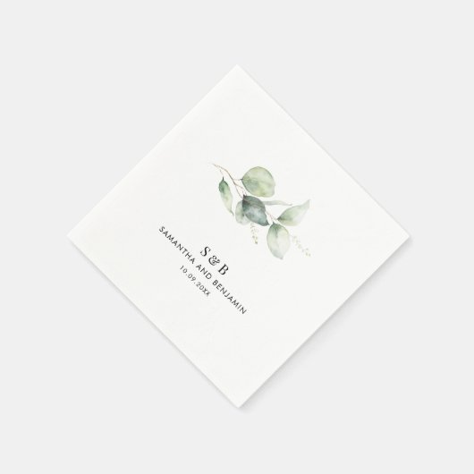 Serviette En Papier Eucalyptus Monogram M et Mme Names Papier Mariage (Coin)
