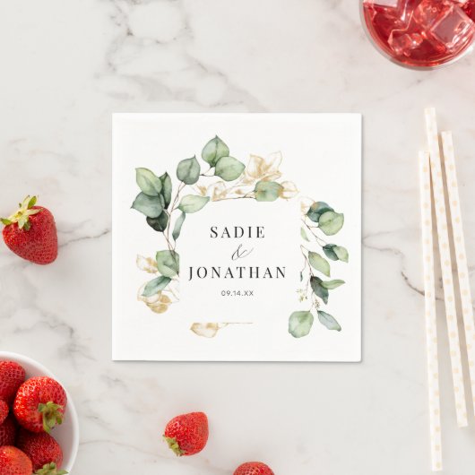 Serviette En Papier Eucalyptus Rustic Gold Botanical Mariage (En situation)