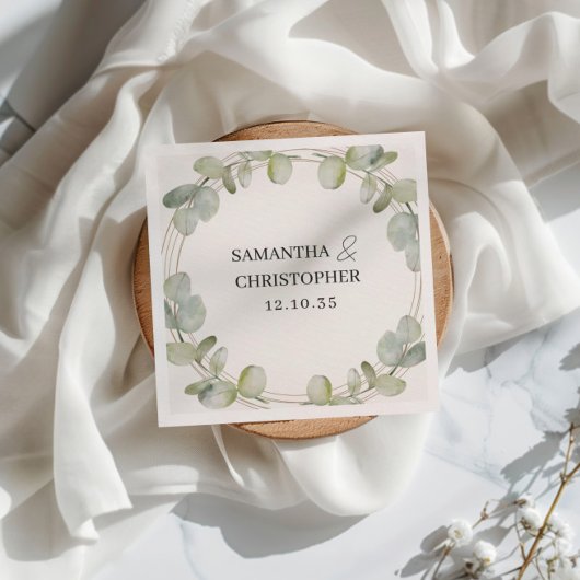 Serviette En Papier Eucalyptus Rustique Mariage vert et or