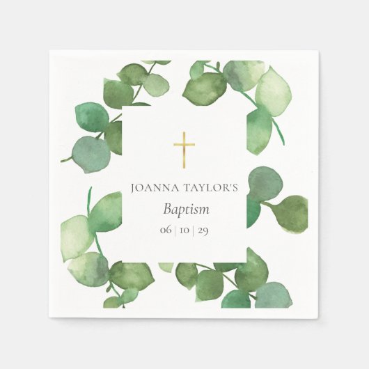Serviette En Papier Eucalyptus Verdure Baptême Christening (Devant)