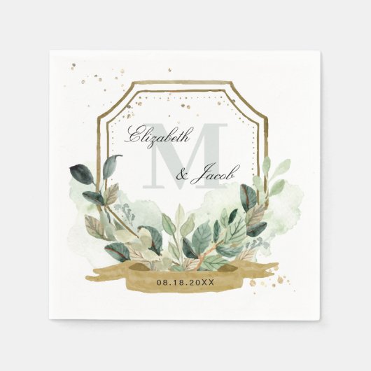 Serviette En Papier Eucalyptus Verdure Élégant Mariage Gold Crest (Devant)