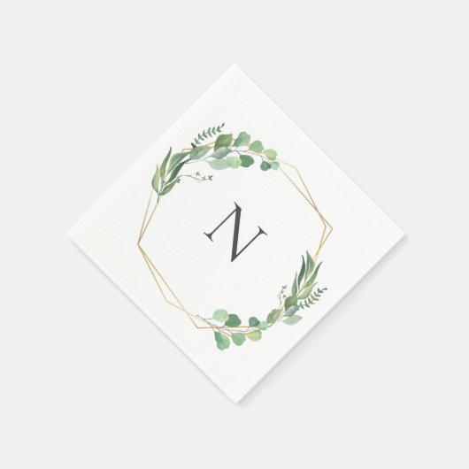 Serviette En Papier Eucalyptus Verdure Monogram Gold Frame Mariage (Coin)