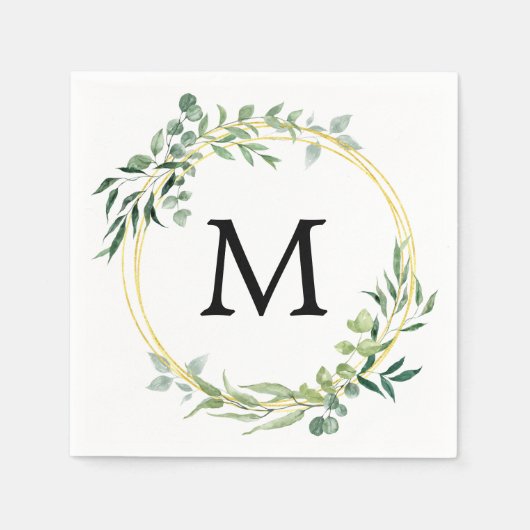 Serviette En Papier Eucalyptus Verdure Monogramme Mariage Vert Or (Devant)