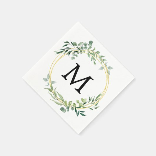 Serviette En Papier Eucalyptus Verdure Monogramme Mariage Vert Or (Coin)