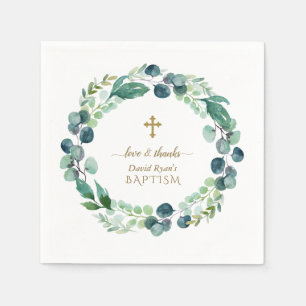 Serviette En Papier Eucalyptus verdure Wreath Gold Cross Baptême