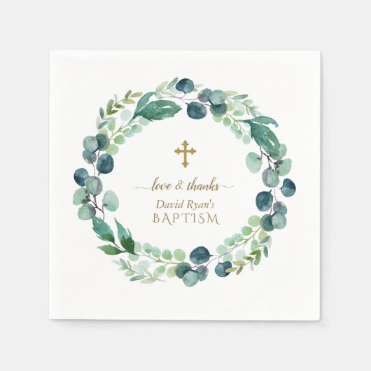 Serviette En Papier Eucalyptus verdure Wreath Gold Cross Baptême (Devant)