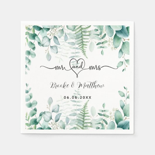 Serviette En Papier Eucalyptus vert fougères de bois noms mariage (Devant)
