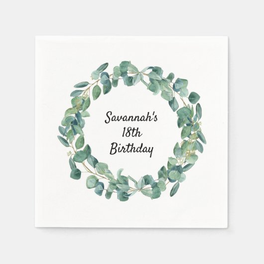 Serviette En Papier Eucalyptus vert nom de couronne script anniversair (Devant)