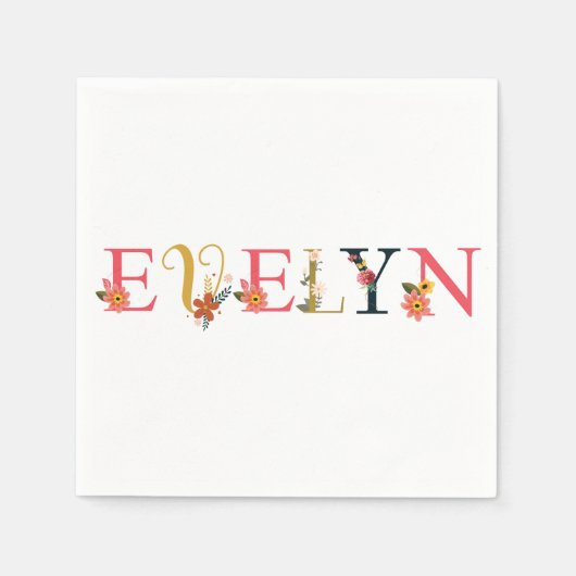 Serviette En Papier EVELYN Nom Art Avec Fleurs Brodées (Devant)