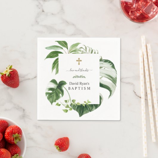 Serviette En Papier Exotique Tropical Feuille Gold Cross Boy Baptême (En situation)