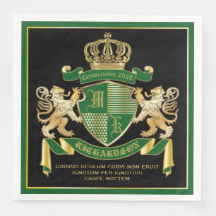 Serviette En Papier Faites votre propre blason Green Gold Lion Emblem