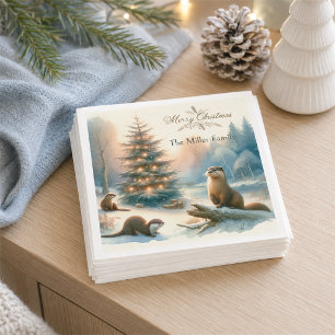 Serviette En Papier Famille de loutres personnalisée Joyeux Noël Hiver