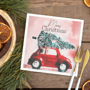 Serviette En Papier Famille de Noël en voiture rouge rétro rose blush