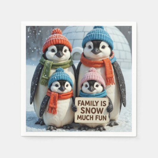 Serviette En Papier Famille De Pingouins Dans Les Snowflakes (Devant)