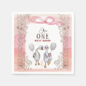 Serviette En Papier Famille d'oies soyeux rose & bow 1er anniversaire (Devant)