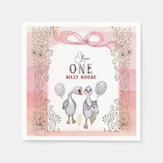 Serviette En Papier Famille d'oies soyeux rose & bow 1er anniversaire (Devant)