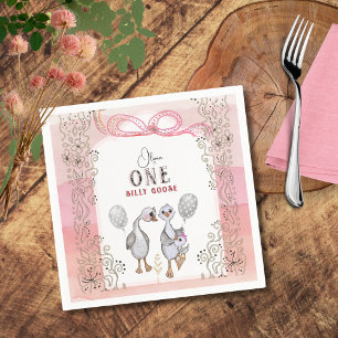 Serviette En Papier Famille d'oies soyeux rose & bow 1er anniversaire