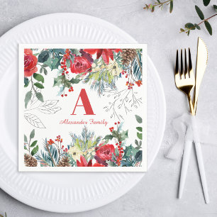 Serviette En Papier Famille florale de Noël élégant rouge monogrammed