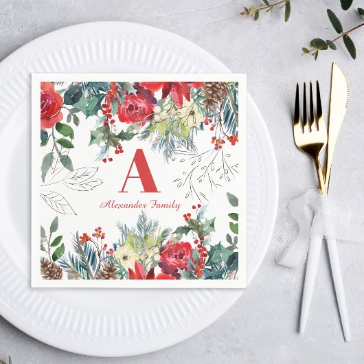 Serviette En Papier Famille florale de Noël élégant rouge monogrammed