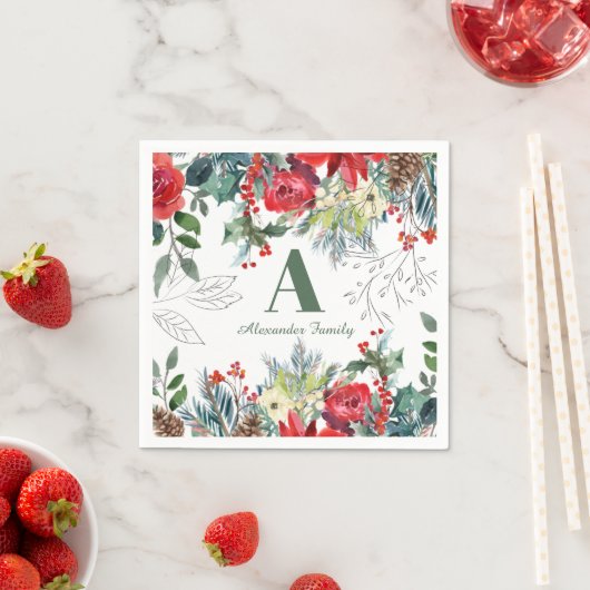 Serviette En Papier Famille florale de Noël élégant vert monogrammed (En situation)