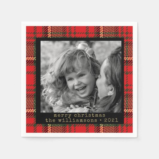 Serviette En Papier Famille Plaid Rouge et or Noël (Devant)