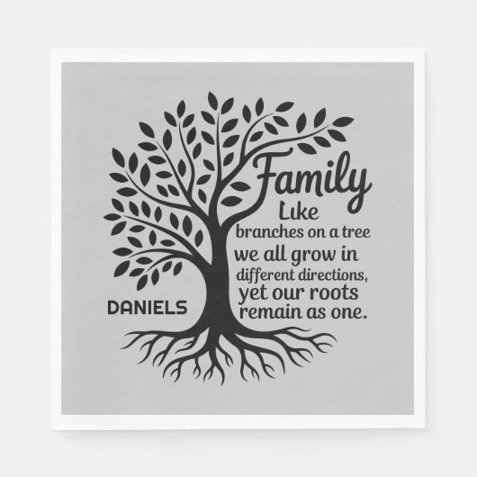 Serviette En Papier Family Tree Black & Gray Personalized Family Name (Devant)