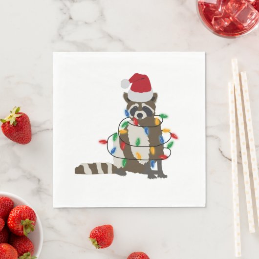 Serviette En Papier Fantaisie Noël Raccoon Santa Hat Noël Lumières (En situation)