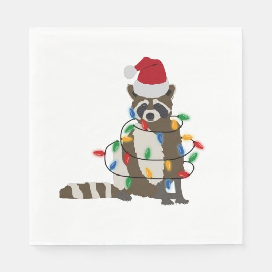 Serviette En Papier Fantaisie Noël Raccoon Santa Hat Noël Lumières (Devant)