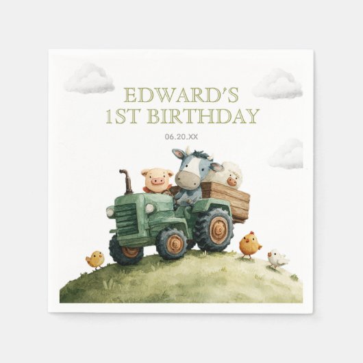 Serviette En Papier Farm Animals Green Tractor Birthday (Devant)