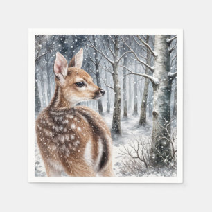 Serviette En Papier Faune Blanche Dans La Forêt D'Hiver