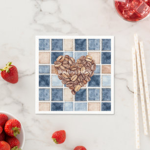 Serviette En Papier Faux Bleu Denim Crème Premiers Haricots de Café Cœ