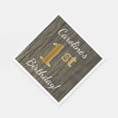 Serviette En Papier Faux Bois, Faux Or 1er Anniversaire + Nom personna (Coin)