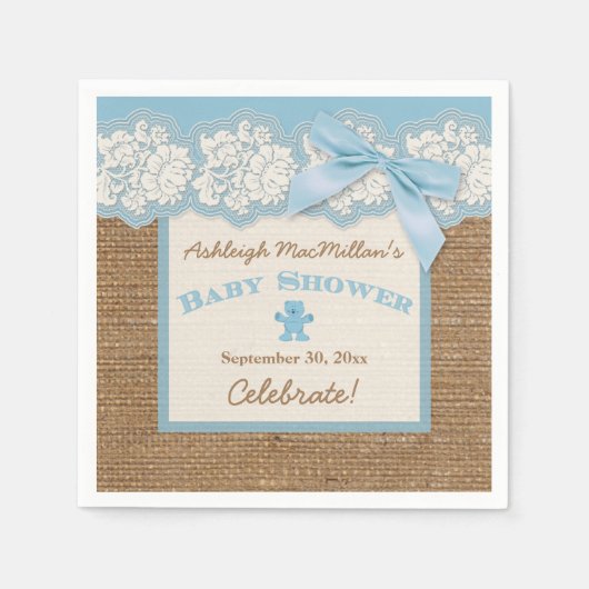 Serviette En Papier FAUX Burlap en dentelle d'ivoire, Baby shower bleu (Devant)