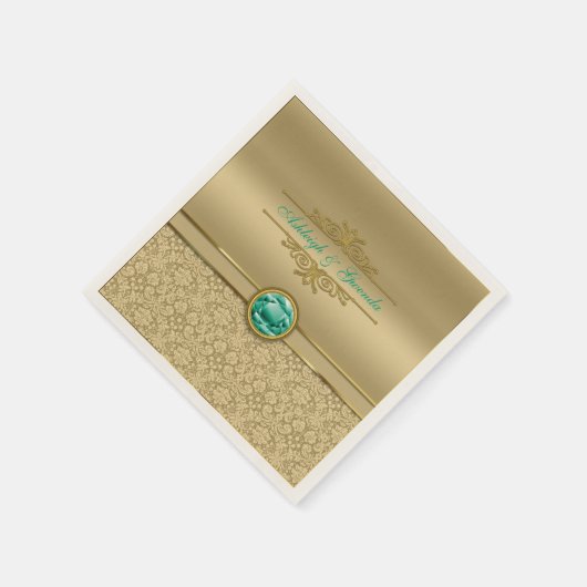 Serviette En Papier Faux Emerald Green Gemstone Metallic Gold Damask (Coin)