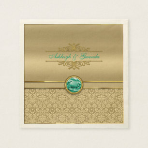 Serviette En Papier Faux Emerald Green Gemstone Metallic Gold Damask