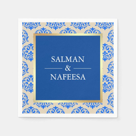 Serviette En Papier Faux Gold Foil Blue Mariage damassé (Devant)