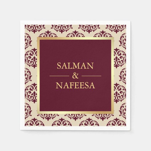 Serviette En Papier Faux Gold Foil Bourgogne Mariage damassé (Devant)