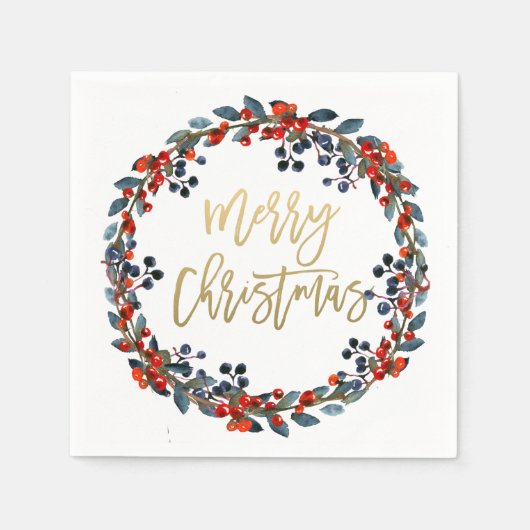 Serviette En Papier Faux Gold Joyeux Noël Berries Fête (Devant)