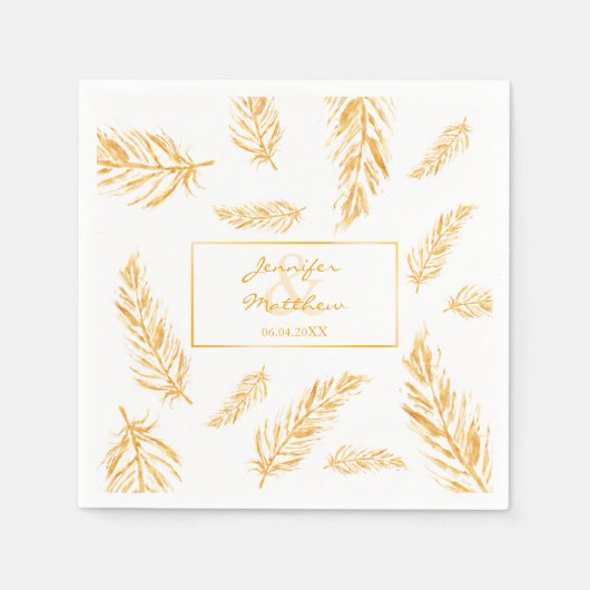 Serviette En Papier Faux Golden Yellow Feathers & Mariage Couple Names (Devant)