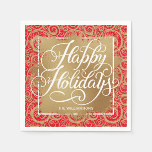 Serviette En Papier Faux Or Faux Foil Joyeuses vacances sur Rouge