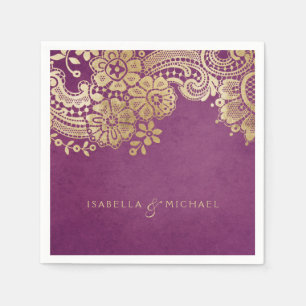 Serviette En Papier Faux or violet élégant mariage en dentelle vintage