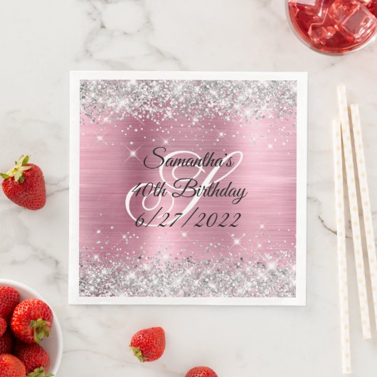 Serviette En Papier Faux Parties scintillant d'argent Pink Foil 40e an (En situation)