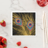 Serviette En Papier Faux Parties scintillant Gold Peacock Feathers (En situation)