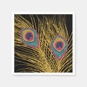 Serviette En Papier Faux Parties scintillant Gold Peacock Feathers
