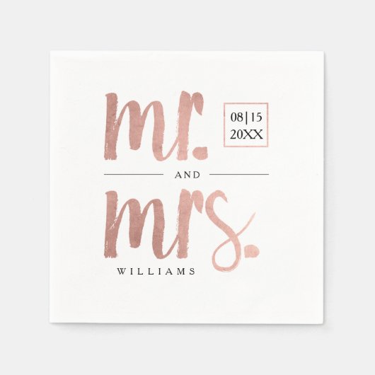 Serviette En Papier Faux Rose Gold Foil Mr & Mrs. (Devant)